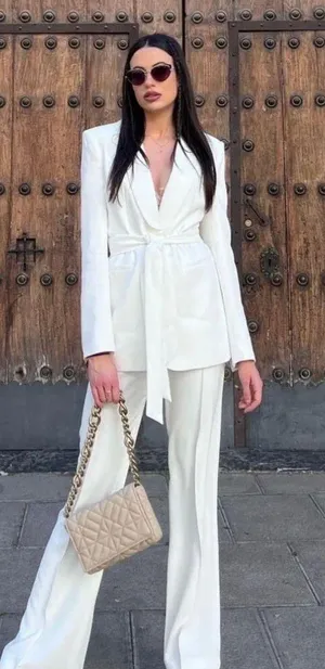 ZARA Tuxedo Blazer With Waist Tie Suit Jacket White thumbnail 8