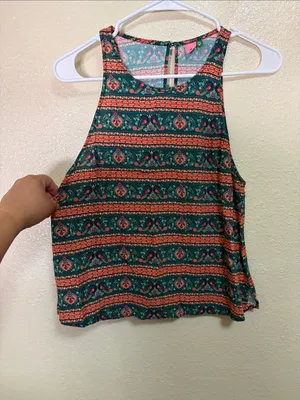 FARM Rio Green Tank Top with Coral and Pink Stripe Print Size S thumbnail 2