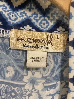 One World Womens L Large 50” Kimono Cardigan Cover Up Blue Boho Print Beach thumbnail 2