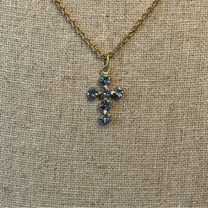 Vintage blue rhinestone cross pendant necklace thumbnail 3
