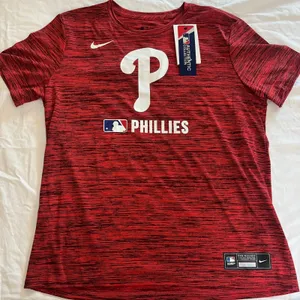 New Nike Tee Phillies MLB Baseball Women's T-Shirt Dark Red Medium Dri-Fit thumbnail 1