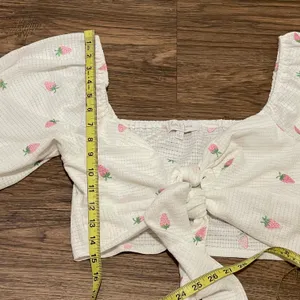 Strawberry Printed 5/8 Sleeve Waist Tie Crop Top White Pink Large thumbnail 12