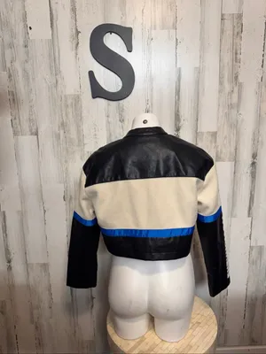 SHEIN Cropped Racing Jacket Womens Small Black Cream Blue Faux Leather Moto Bike thumbnail 3
