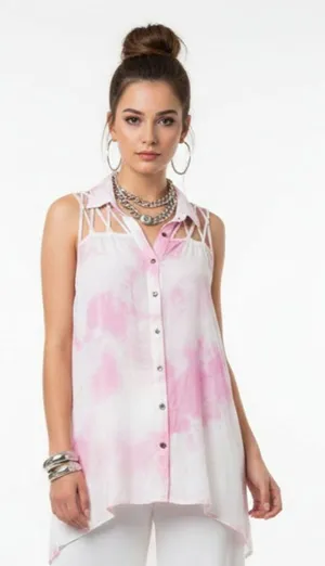 Mono B Pink & White Tie Dye Sleeveless Strappy Top L thumbnail 1