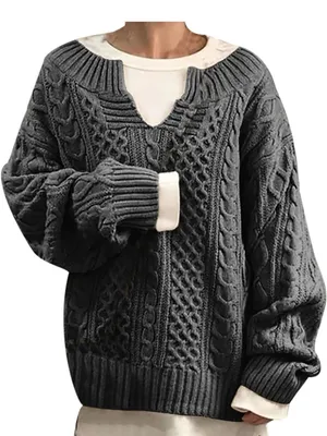 Cable Knit V-Slit Turtleneck Sweater in Gray thumbnail 1