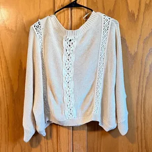 Miss Me Crochet Lace Sweater Large Beige White Boho Knit Pullover Great fall top thumbnail 2
