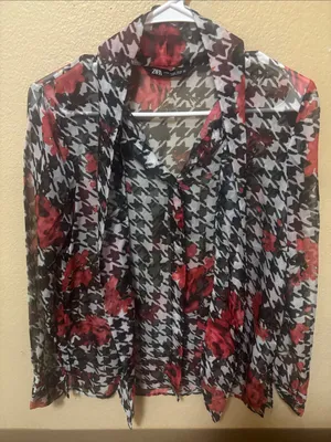 Zara Roses Print Houndstooth Semi-Sheer Blouse with Red Floral Print XS Floral thumbnail 2