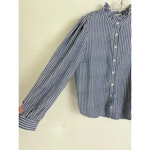 Sugarlips Button Down Shirt Blue White Striped Ruffle Neck Puff Sleeve Large thumbnail 6