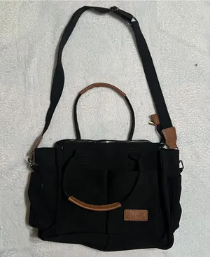 ZHMO Black Canvas Tote Bag with Brown Trim and Crossbody Strap thumbnail 1