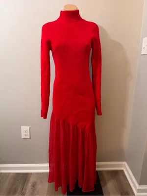 Commense Red Maxi Sweater Dress Ribbed Large Turtleneck Sheer Hem Evening thumbnail 2