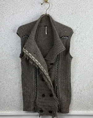 Free People Brown Knit Fringe Sleeveless Button Detail Vest - Size - Small thumbnail 1