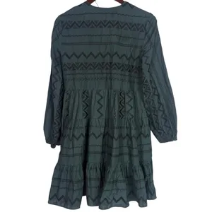 Zara Boho Oversized Embroidered Long Sleeve Mini Dress Tassel V Neck XS Green thumbnail 6