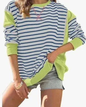Crewneck color block casual Striped sweatshirt size medium women's green blue thumbnail 1