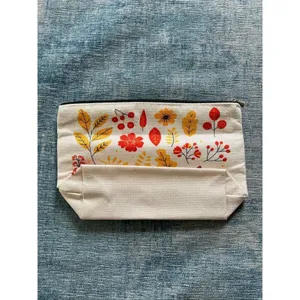 Cream Red Orange Leaf Cotton Canvas Small Makeup Bag Travel Toiletry Pouch thumbnail 2