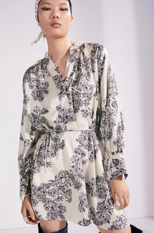 Satin Toile Floral Print Long Sleeve Mini Dress with Belt NWT medium thumbnail 1