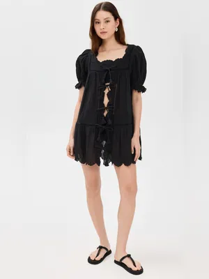 Sea New York Women’s Mae Short Sleeve Coverup Tie Front Black Cotton Mini Dress thumbnail 11