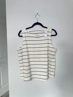 NWT 100% Cotton Loft Striped Tank Top Size L White Blue Side Button Sleeveless thumbnail 8