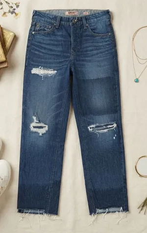 Ariat Real Denim High Rise‎ Straight Leg Distressed Patchwork Jeans Blue 25R thumbnail 1