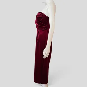 Express Velvet Strapless Midi Dress M Burgundy Draped Sweetheart Cocktail thumbnail 3