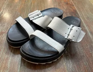 Sorel White Two Strap Leather Sandals with Black Sole Studded Detailing Women 10 thumbnail 1