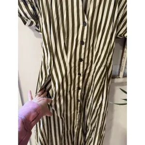 Banana Republic $180 Striped Poplin Shirt Dress V-Neck Pockets Olive/White 4 thumbnail 5