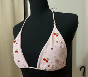 Pink cherry embellished triangle bikini top thumbnail 1