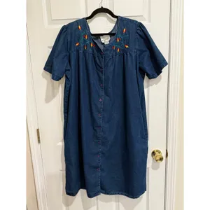 Cozee‎ Corner Embroidered Chambray House Dress Floral Cotton 2X thumbnail 2