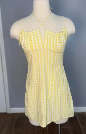 NWT Edikted Yellow Gingham Open Back Lace Up Mini Dress M thumbnail 1