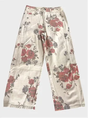 Easel Floral Print Barrel Denim Pants Size L thumbnail 1