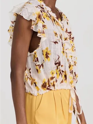 Free People White Floral Ruffle V-Neck Top with Yellow and Brown Print thumbnail 6