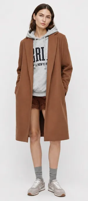 Zara Women L Camel Brown Open Lapel Long Coat Minimalist Quiet Luxury Overcoat thumbnail 1