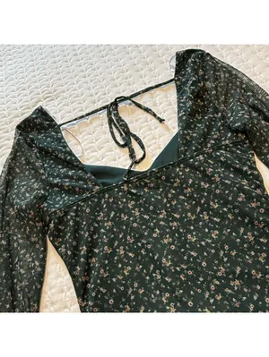 Lulus Bodysuit Long Sleeve Sz S Small Green Floral Mesh Sweetheart Neckline NWT thumbnail 11