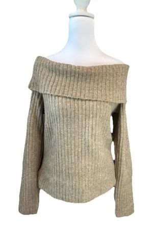 Juniors' SO Sweater Size L Beige Off-The-Shoulder Long Sleeve NWT Women's thumbnail 1