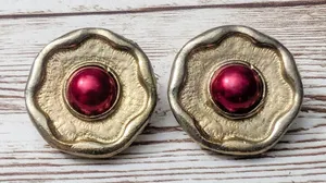 Vintage Clip On Earrings - 1" Gold Tone Wavy with Red Center thumbnail 1