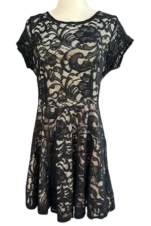 Vtg Black Lace Dress Lined Tulle USA XL Whimsy Goth Punk A-line Holiday LA Scala thumbnail 1