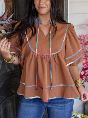 Entro Babydoll Puff Sleeve Top Brown Multicolor Trim Large thumbnail 1