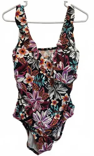 Jantzen Black Floral Ruffle One Piece Swimsuit Size 12 thumbnail 1