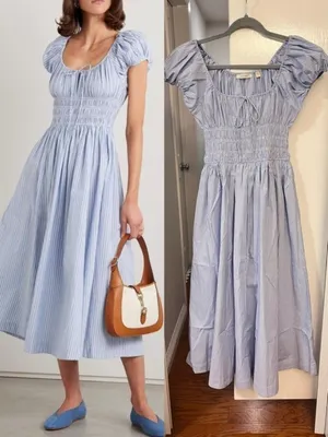 Doen Quinn Tie-Detailed Shirred Striped Organic Cotton-Poplin Midi Dress,Blue,S thumbnail 2