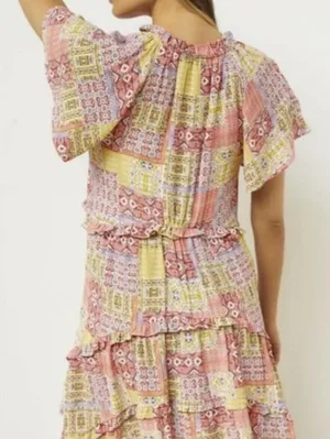 Anthropologie Pink and Yellow Robin Tiered Patchwork Mini Dress - Size - Small thumbnail 2