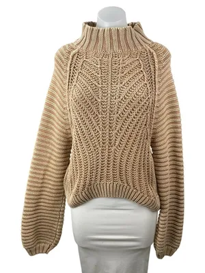 Free People Sweetheart Beige Chunky Knit Mock Neck Balloon Sleeve Sweater Top S thumbnail 1