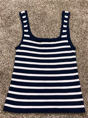 Loft Navy Blue & White Striped Ribbed Tank Top Medium thumbnail 3