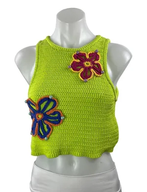 Zara Women's Green Floral 3D Beaded Crochet Sleeveless Knit Crop Top Size S thumbnail 1