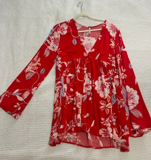 Free People Bella Red Floral Print Tunic long sleeve mini dress thumbnail 1