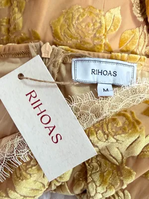 RIHOAS NWT Mustard/Gold Lace detail Floral Velvet Overlay Mesh Midi Dress Size M thumbnail 13