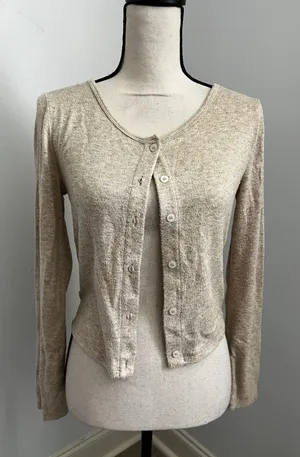 Lou & grey Tan Button Front Cardigan Small Neutral Preppy Sweater Minimalist Office Chic thumbnail 1