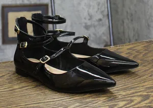INC International Concepts Womens Valan Triple-Strapped Flats Black Patent 6.5M thumbnail 1