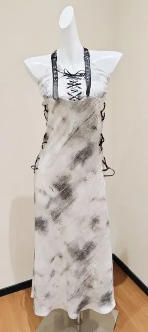 Gray White Tie-dye Halter Maxi Dres thumbnail 1