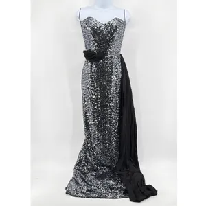 Badgley Mischka Gown Womens 4 Silver Black Excellent Sequin One Shoulder Formal thumbnail 2