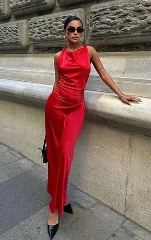 Zara dress Maxi Red satin Lingerie Fitted wedding Party thumbnail 4