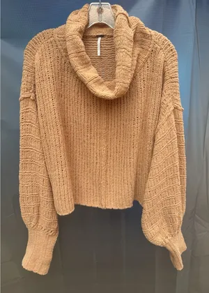Free People Be Yours Pullover Sweater Camel Chunky Knit Oversized Cowl Neck XS thumbnail 1